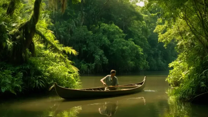 Hombre navega la selva en su canoa