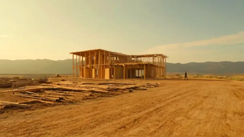 Atardecer dorado sobre una casa en construcción