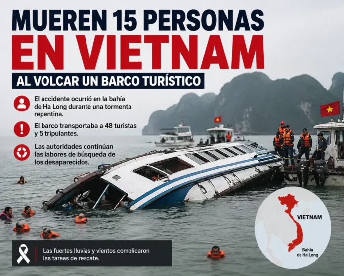 Barco turístico volcado en Vietnam, tragedia.