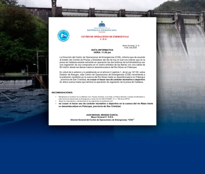 Río Nizao: advertencia de seguridad del COE.