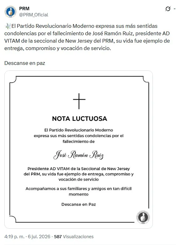 Condolencias del PRM por José Ramón Ruiz