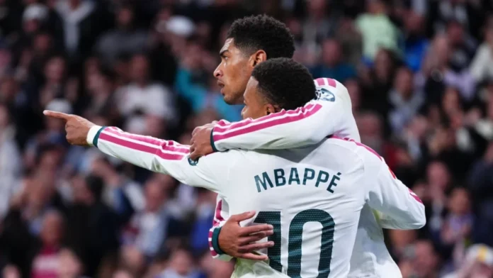 Mbappé celebra su gol en el Bernabéu.