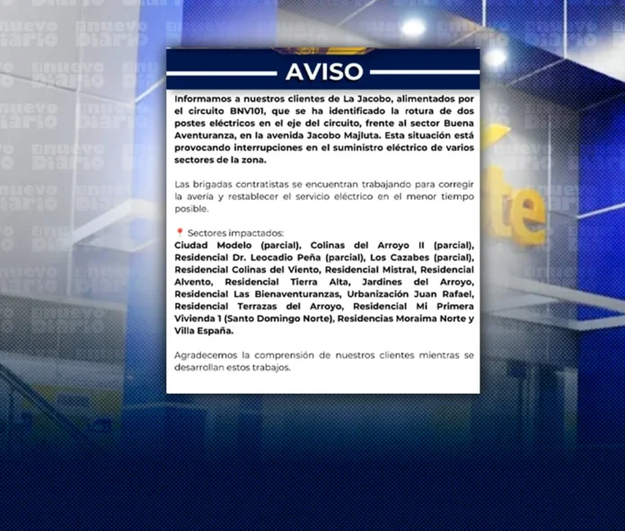Rotura de postes interrumpe electricidad en Santo Domingo.